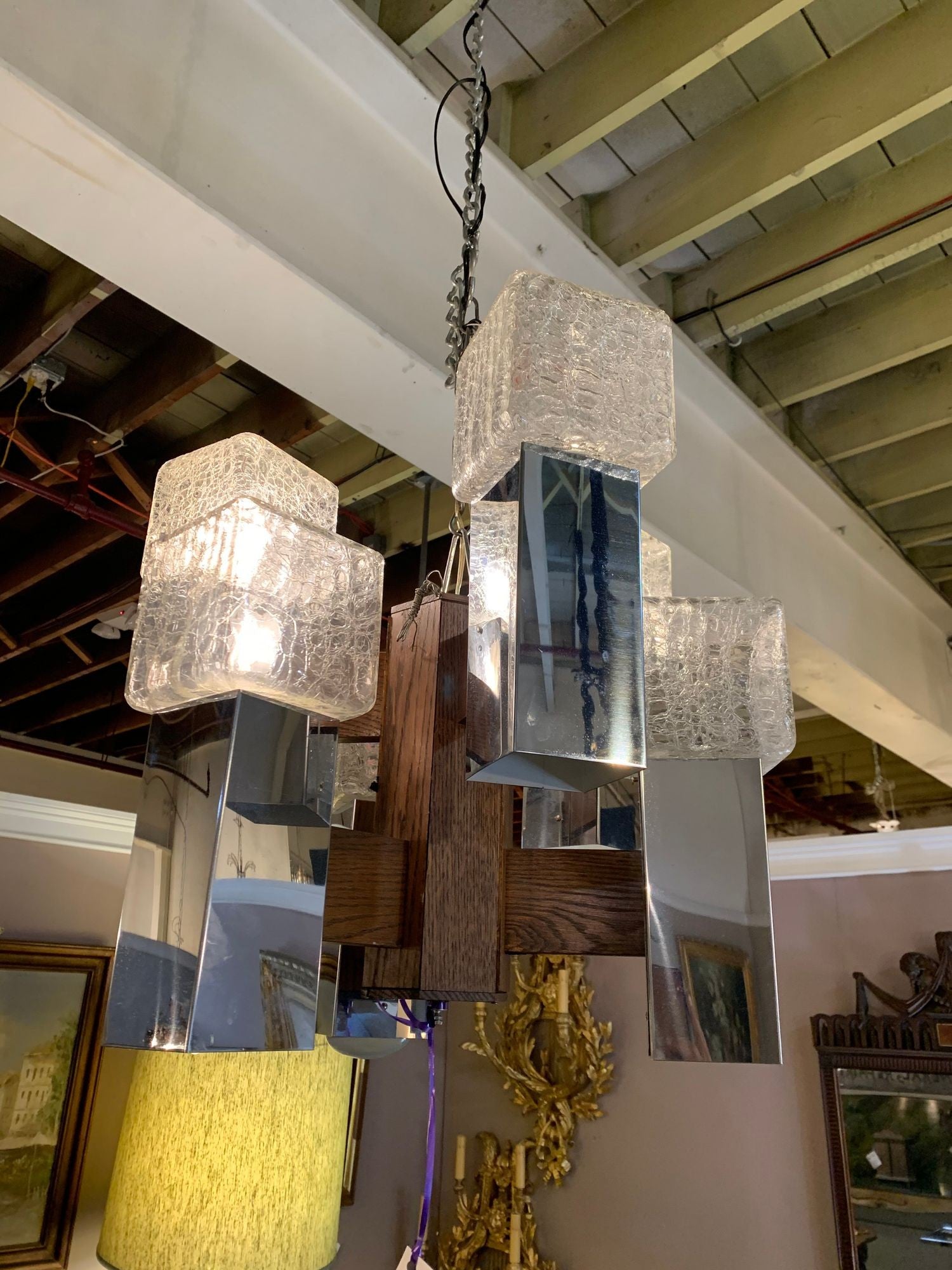 Art Deco Style Glass and Burl Wood Chandelier with 12 Lights and 2 Tier