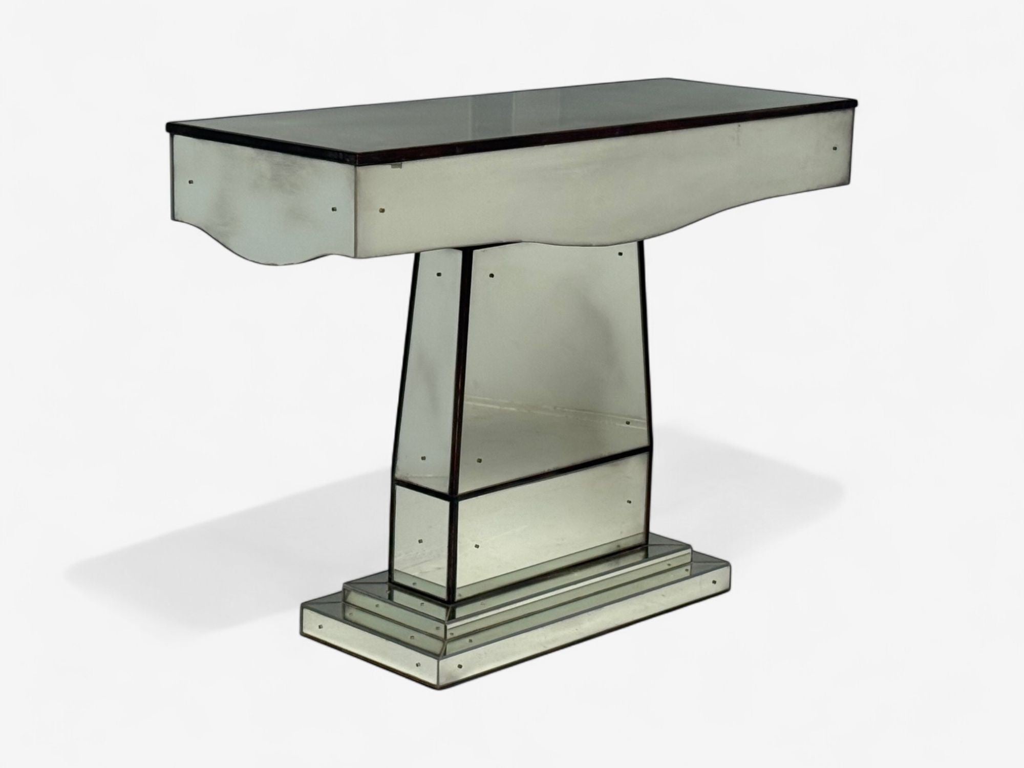 Art Deco Style, Mirrored Console Tables, Painted Wood, Distressed Glass