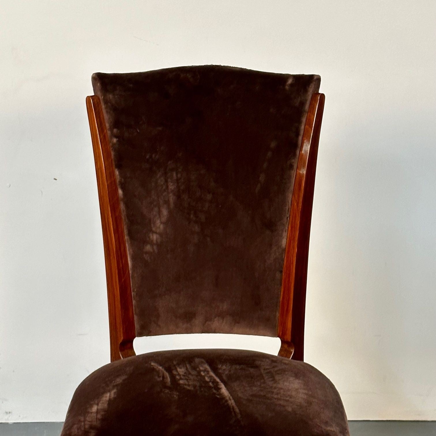 Six French Art Deco Walnut Dining / Side Chairs, Brown Velvet, Ruhlman Style