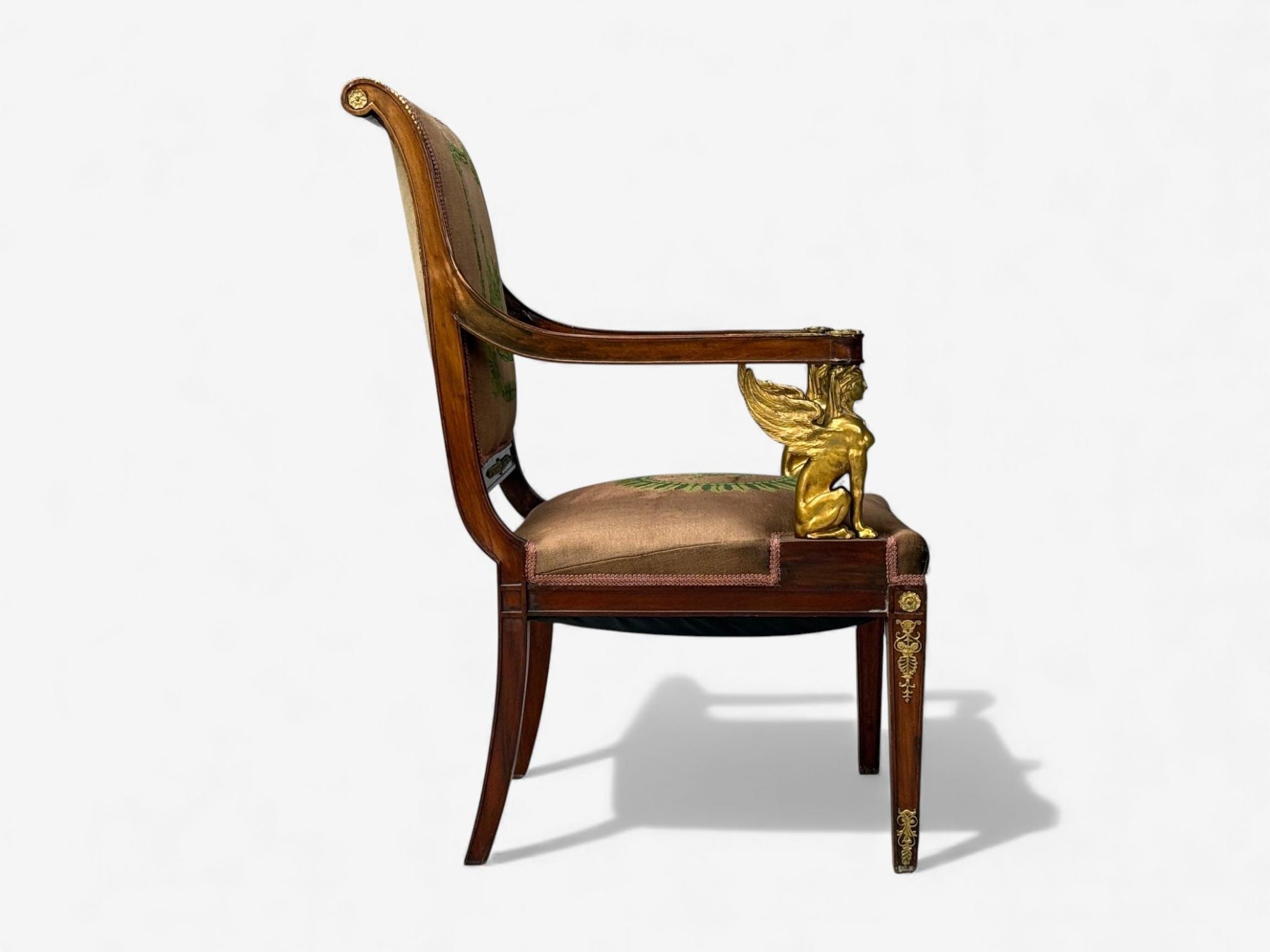 French Empire Revival, Bronze, Mahogany, Tapestry, Armchairs, France, 19th c.