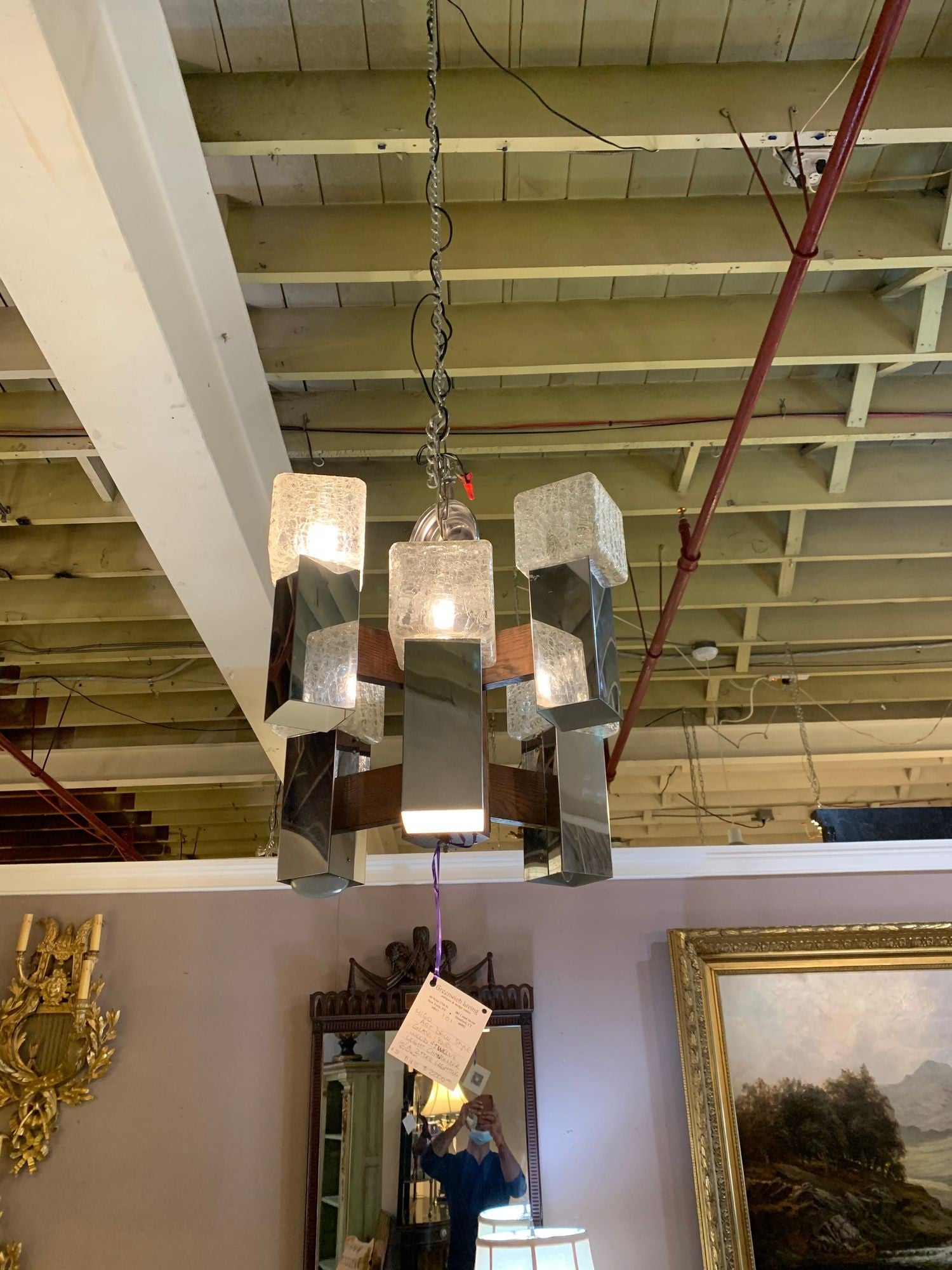Art Deco Style Glass and Burl Wood Chandelier with 12 Lights and 2 Tier