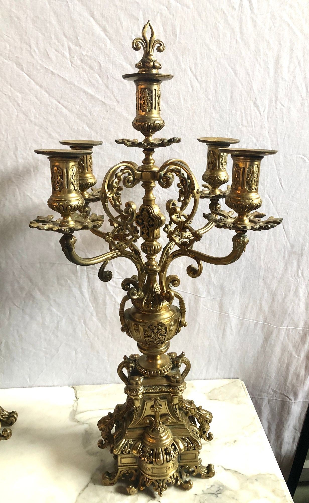 19th Century Gothic Style J.E. Caldwell Gilt Bronze Clock Garniture Set