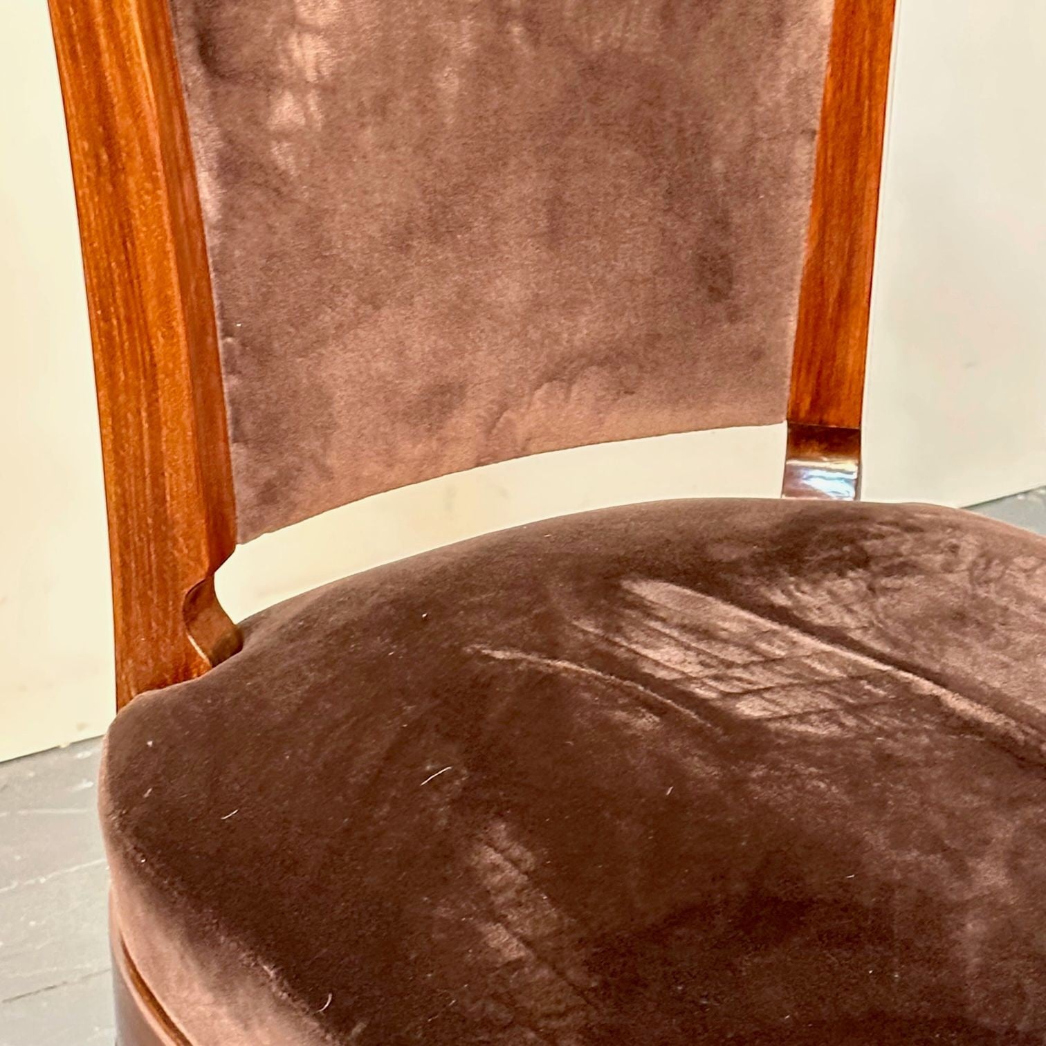 Six French Art Deco Walnut Dining / Side Chairs, Brown Velvet, Ruhlman Style