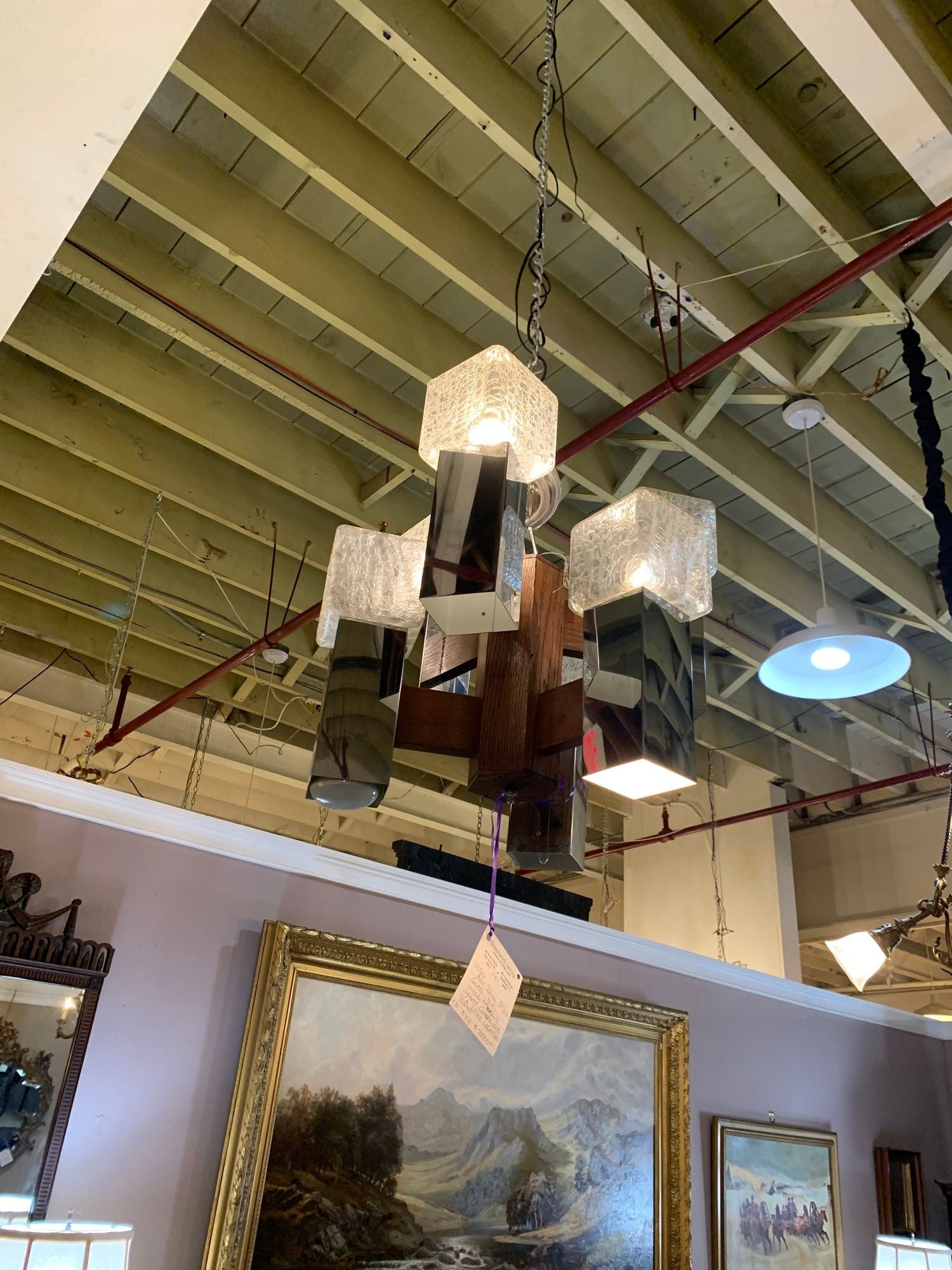 Art Deco Style Glass and Burl Wood Chandelier with 12 Lights and 2 Tier