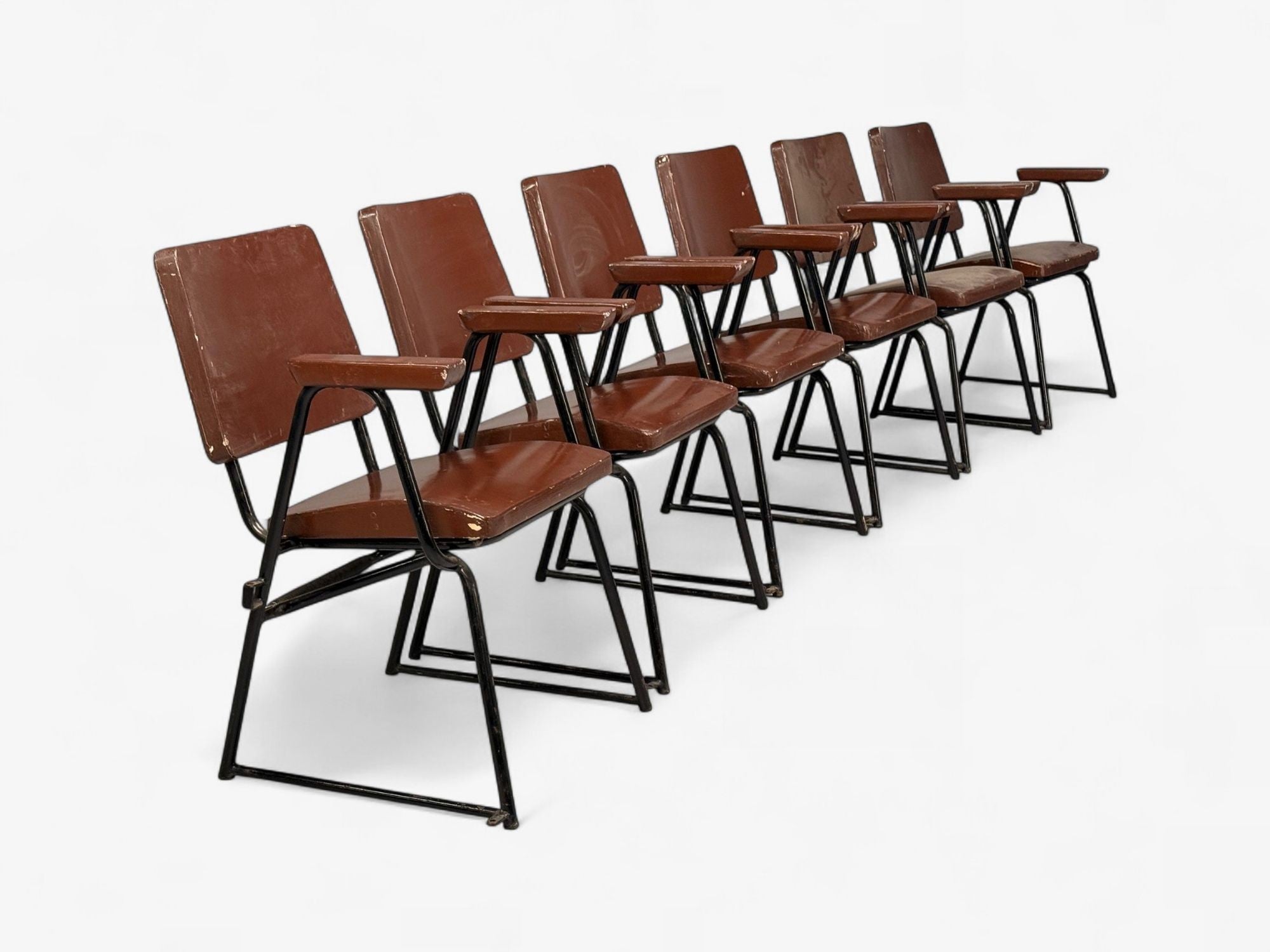 Studio BBPR, Lacquered Iron, Wood, Twelve Armchairs, Italy, 1960s