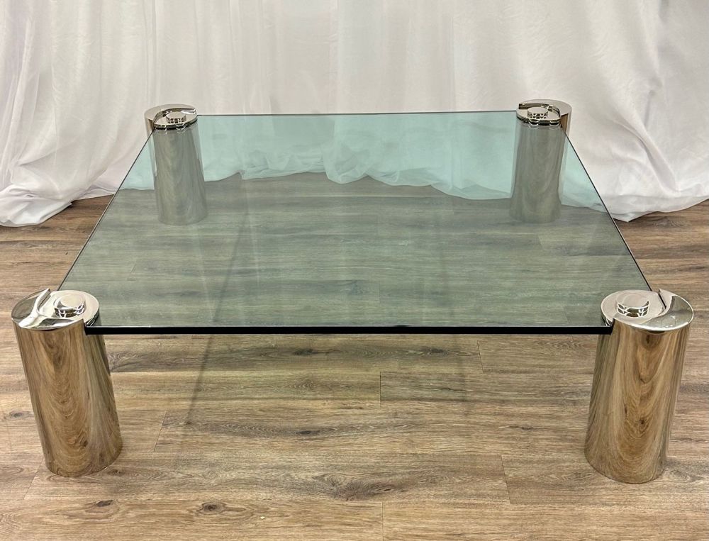 Mid-Century Modern Karl Springer Signed Chrome Coffee, Cocktail Table, Glass Top
