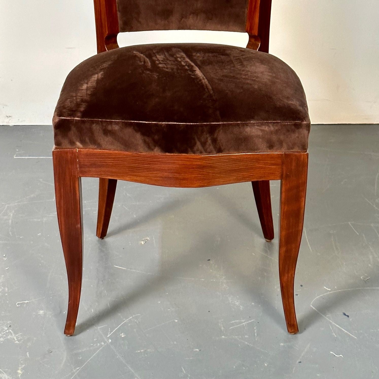 Six French Art Deco Walnut Dining / Side Chairs, Brown Velvet, Ruhlman Style