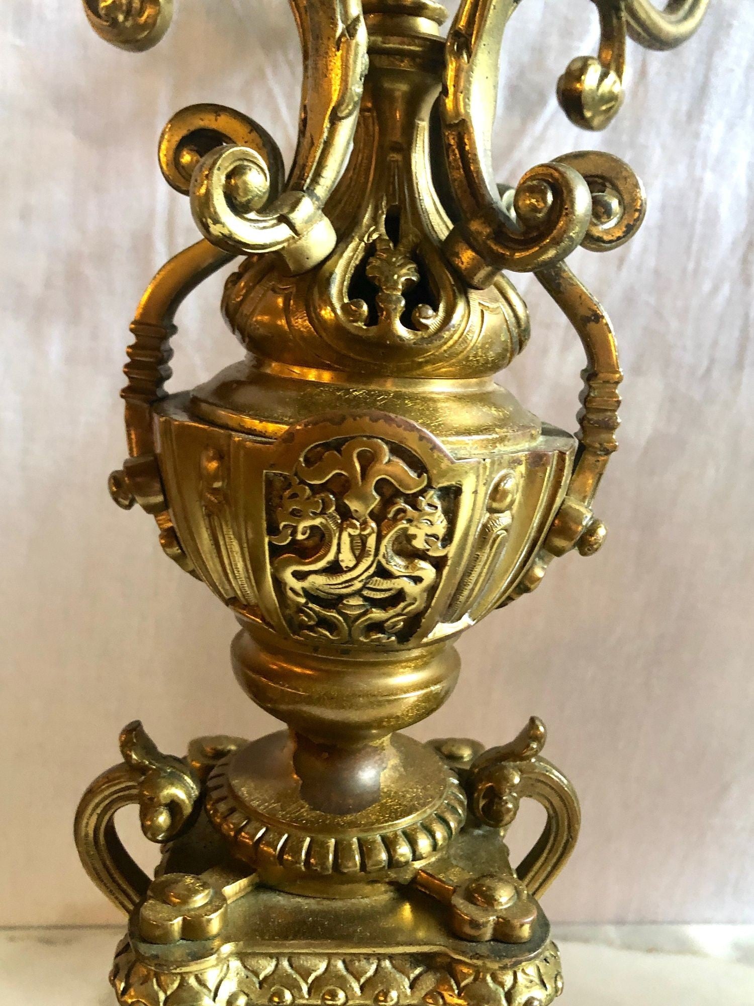19th Century Gothic Style J.E. Caldwell Gilt Bronze Clock Garniture Set
