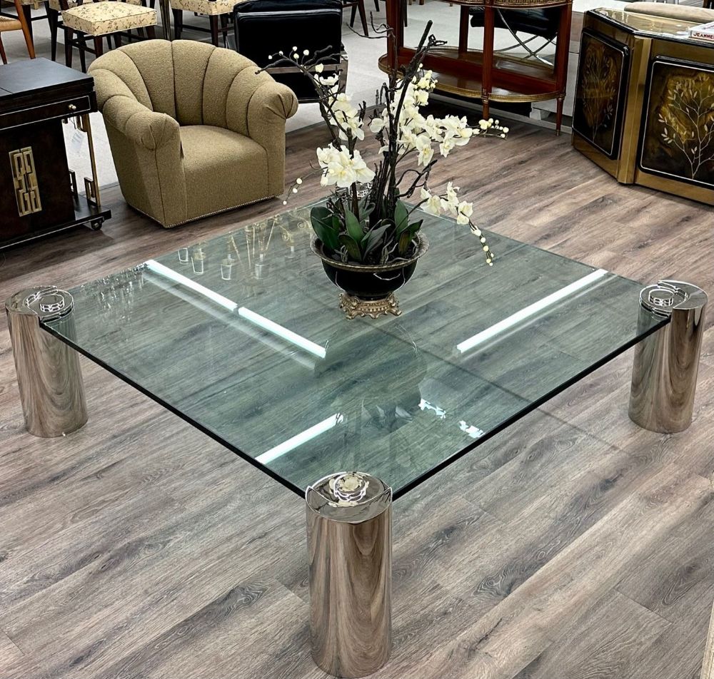 Mid-Century Modern Karl Springer Signed Chrome Coffee, Cocktail Table, Glass Top