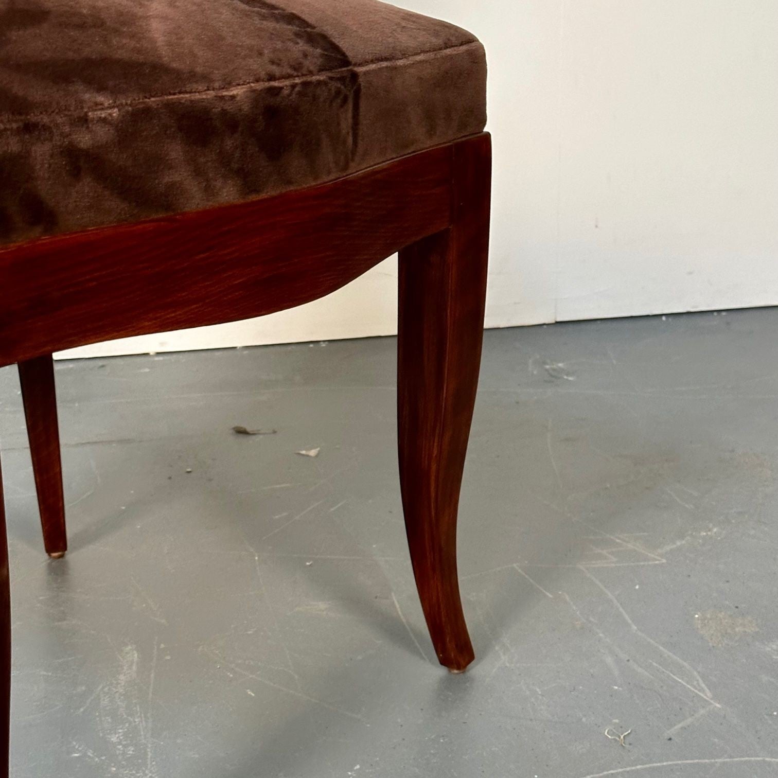 Six French Art Deco Walnut Dining / Side Chairs, Brown Velvet, Ruhlman Style