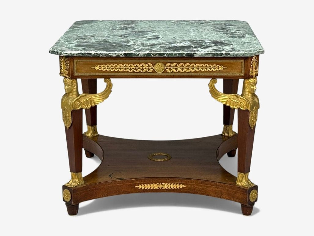 French Empire Revival, Bronze, Mahogany, Tapestry, Armchairs, France, 19th c.