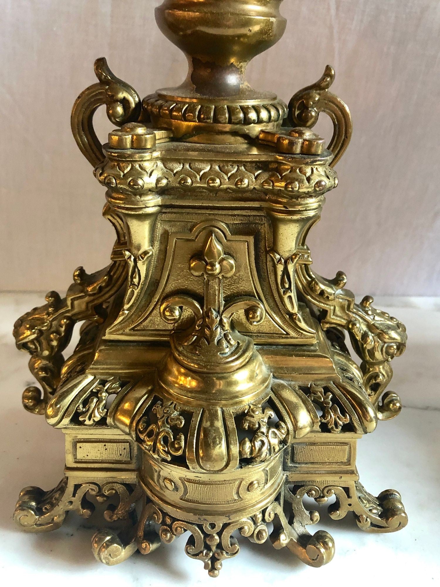 19th Century Gothic Style J.E. Caldwell Gilt Bronze Clock Garniture Set