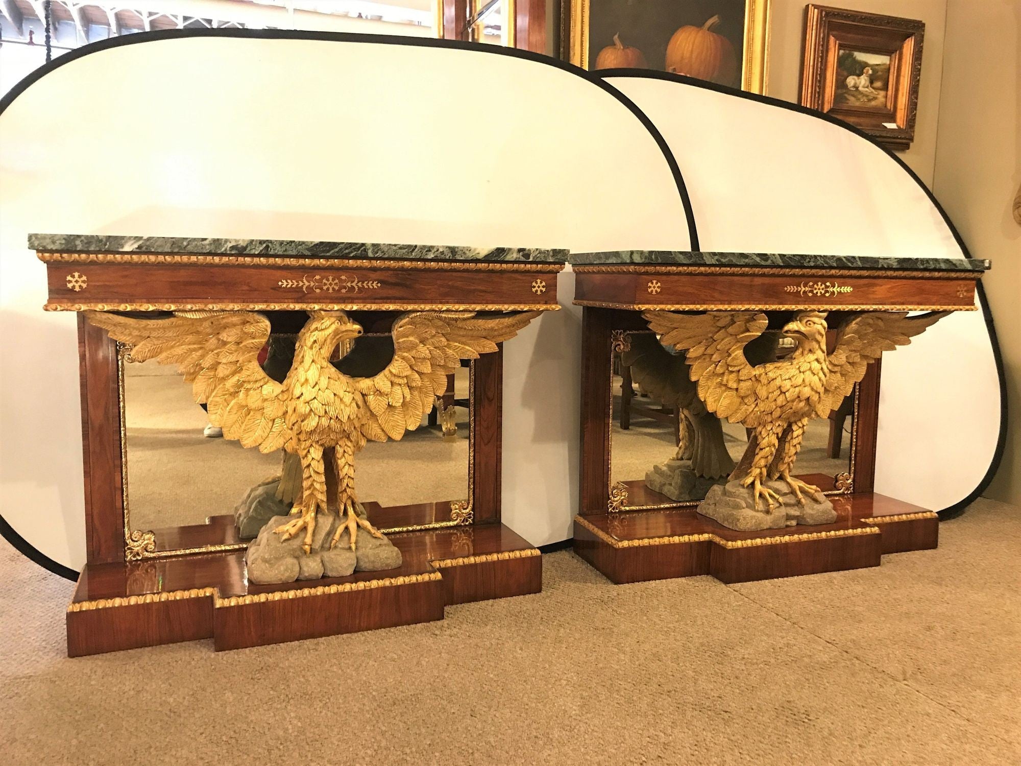 Pair of Monumental Federal Style Console Table with Carved Opposing Eagles
