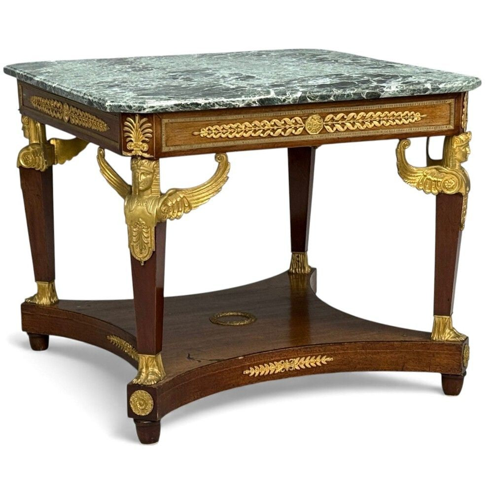 French Empire Revival, Bronze, Mahogany, Tapestry, Armchairs, France, 19th c.