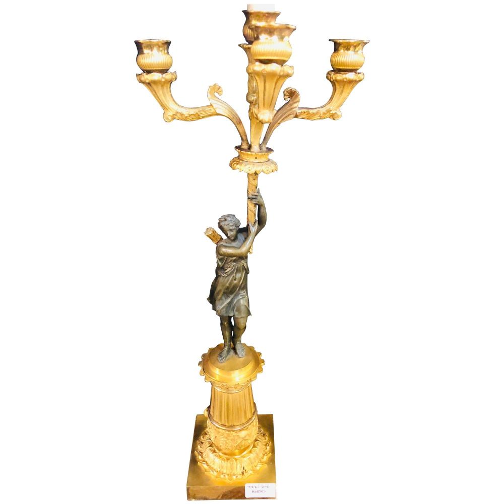 Empire Doré Bronze Candelabra Lamp Having a Patinated Woman Mounted as a Lamp