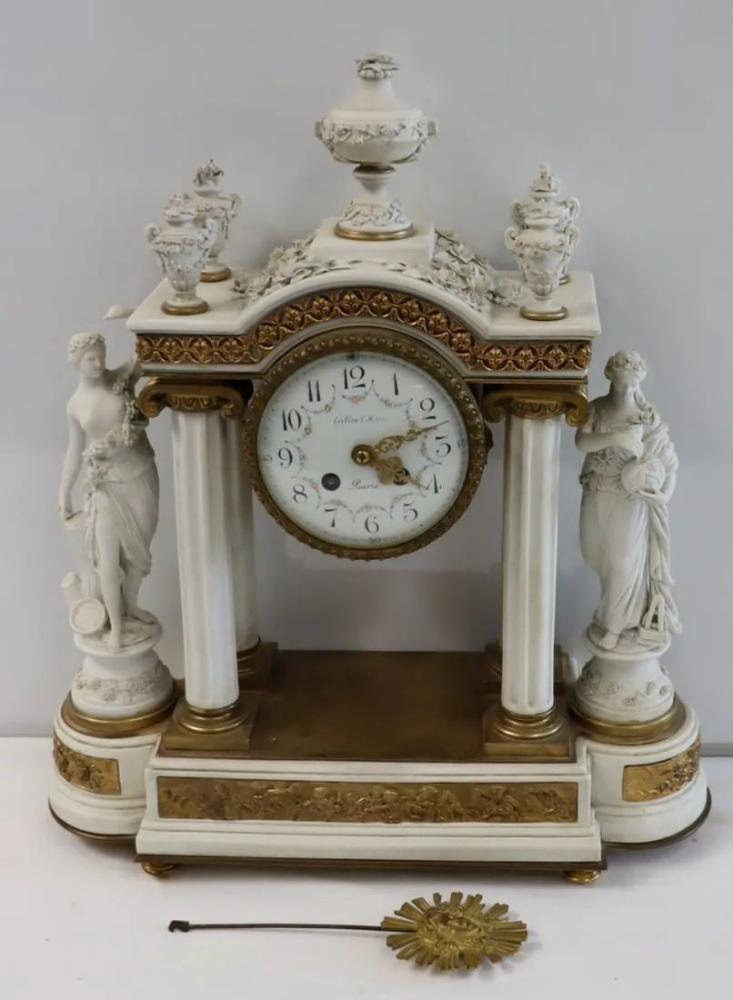 Sèvres Parian Attr, Louis XV, French Mantle Clock, Parian, Bronze, 19th Century