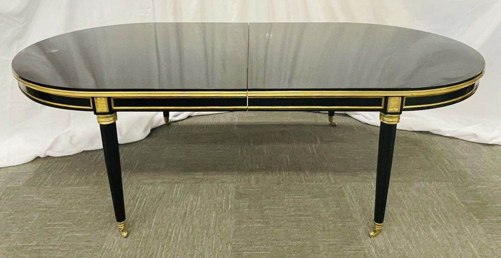 Dining Table, Louis XVI Maison Jansen Style, Black Lacquer, 15 Feet, Refinished