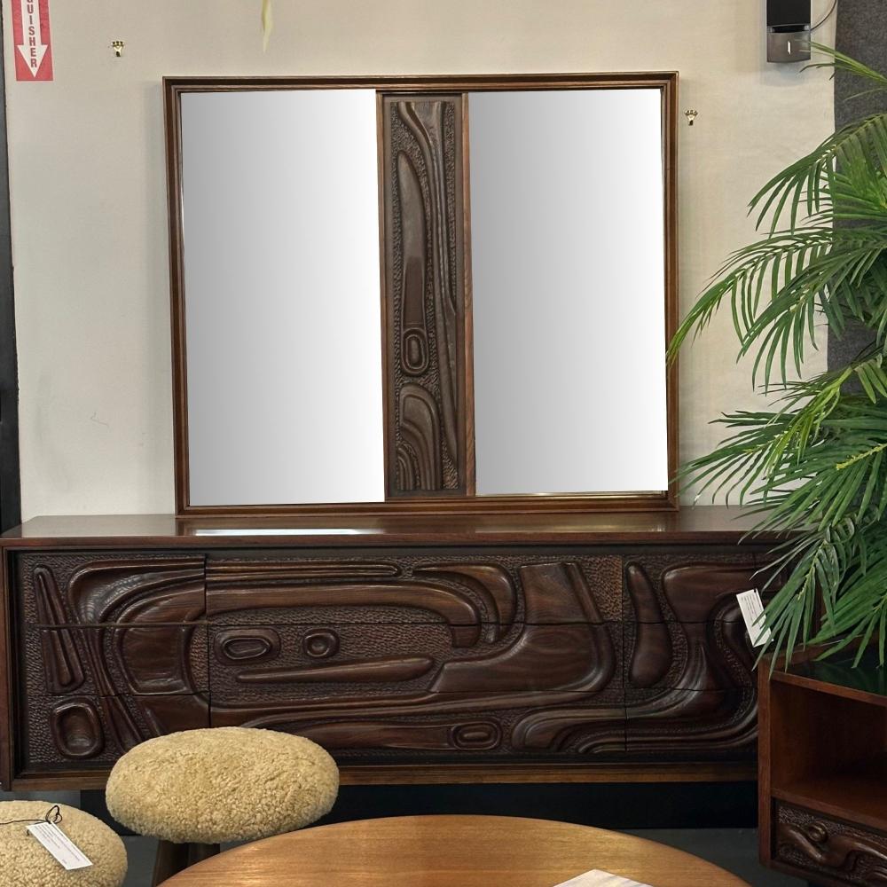 Pulaski, Brutalist Mid-Century Modern, 'Oceanic' Wall Mirror, Walnut, 1960s