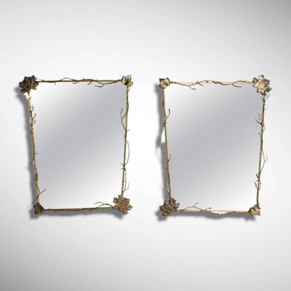 Modern Trapezoidal Bronze Wall Mirrors, Branch and Leaf Motif, France, 21st C.