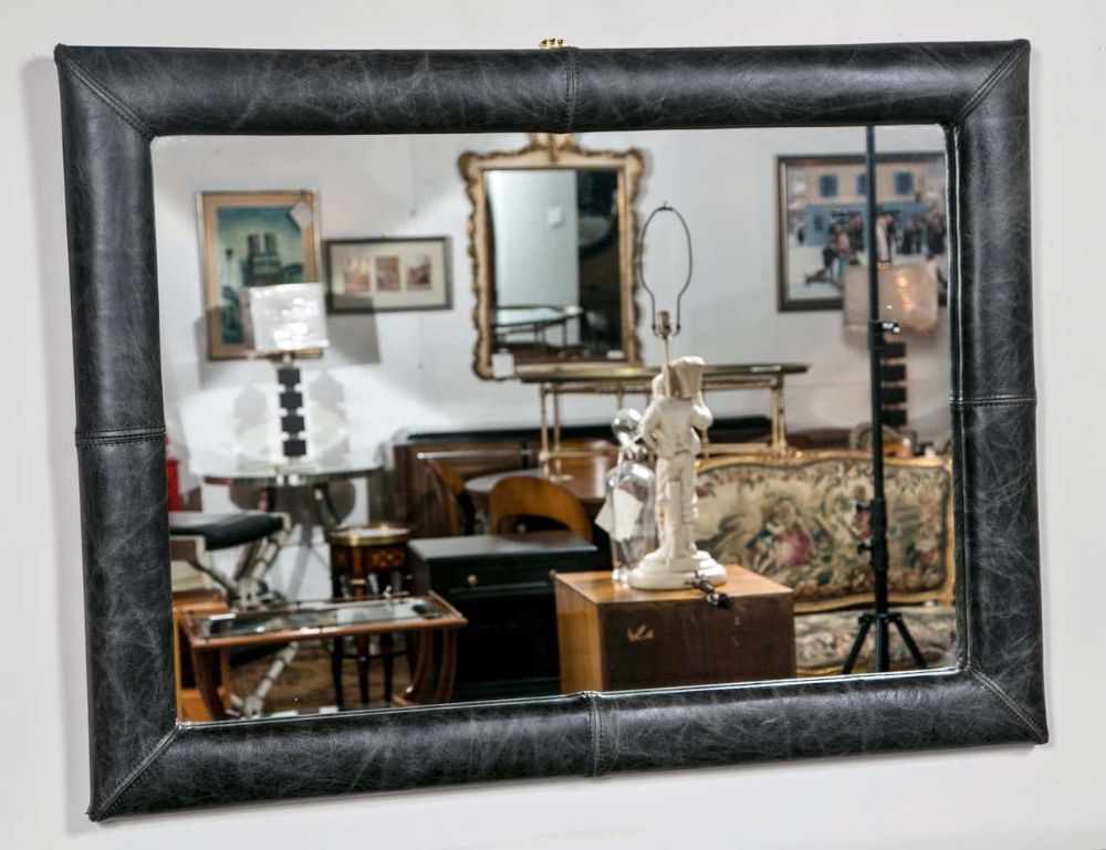 Mid-Century Wall Mirror Decorated Distressed Leather Upholstered Frame