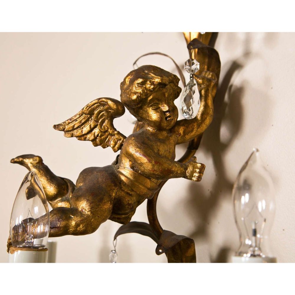 French Marie Therese Style Gilt-Brass Three-Light Wall Sconces Cherub Figures