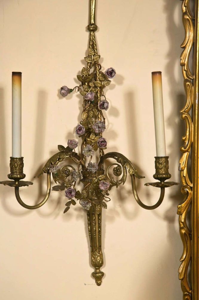 French Belle Époque Style Brass Wall Sconces Florette And Foliate Two Arms Each