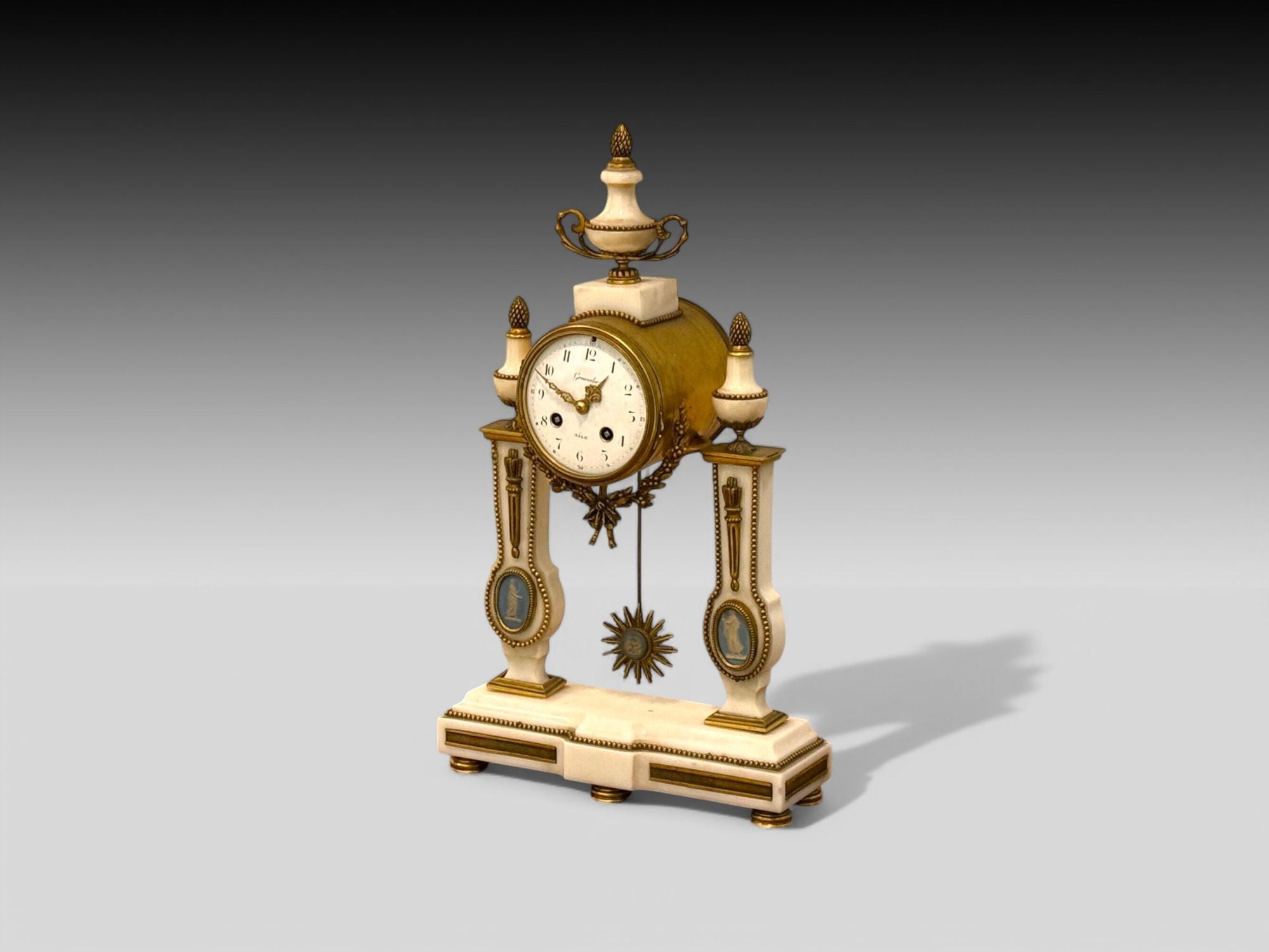 Hubert Sarton Style, Louis XVI, Porcelain, Bronze, Marble, Mantle Clock, 19th C.