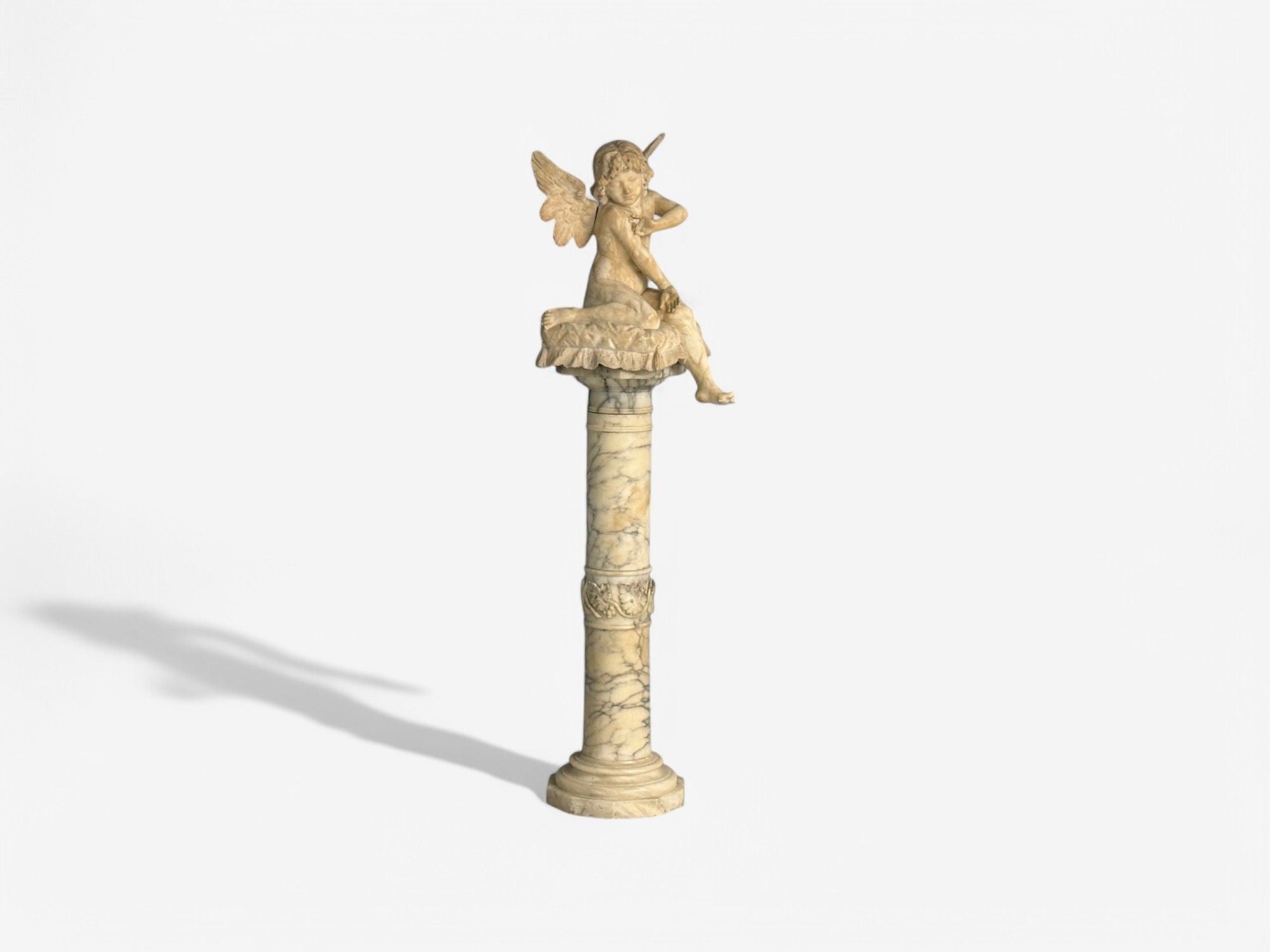 Neoclassical, Winged Angel On Pillow, Alabaster Statue on Pedestal, Italy, 1920s