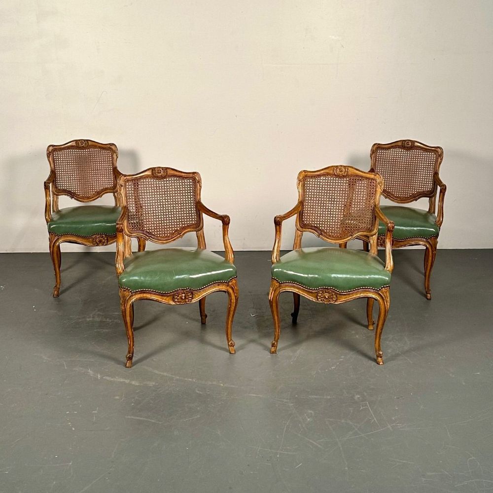 Four French Louis XV Style Fauteuils / Office Chairs, Cane and Leather