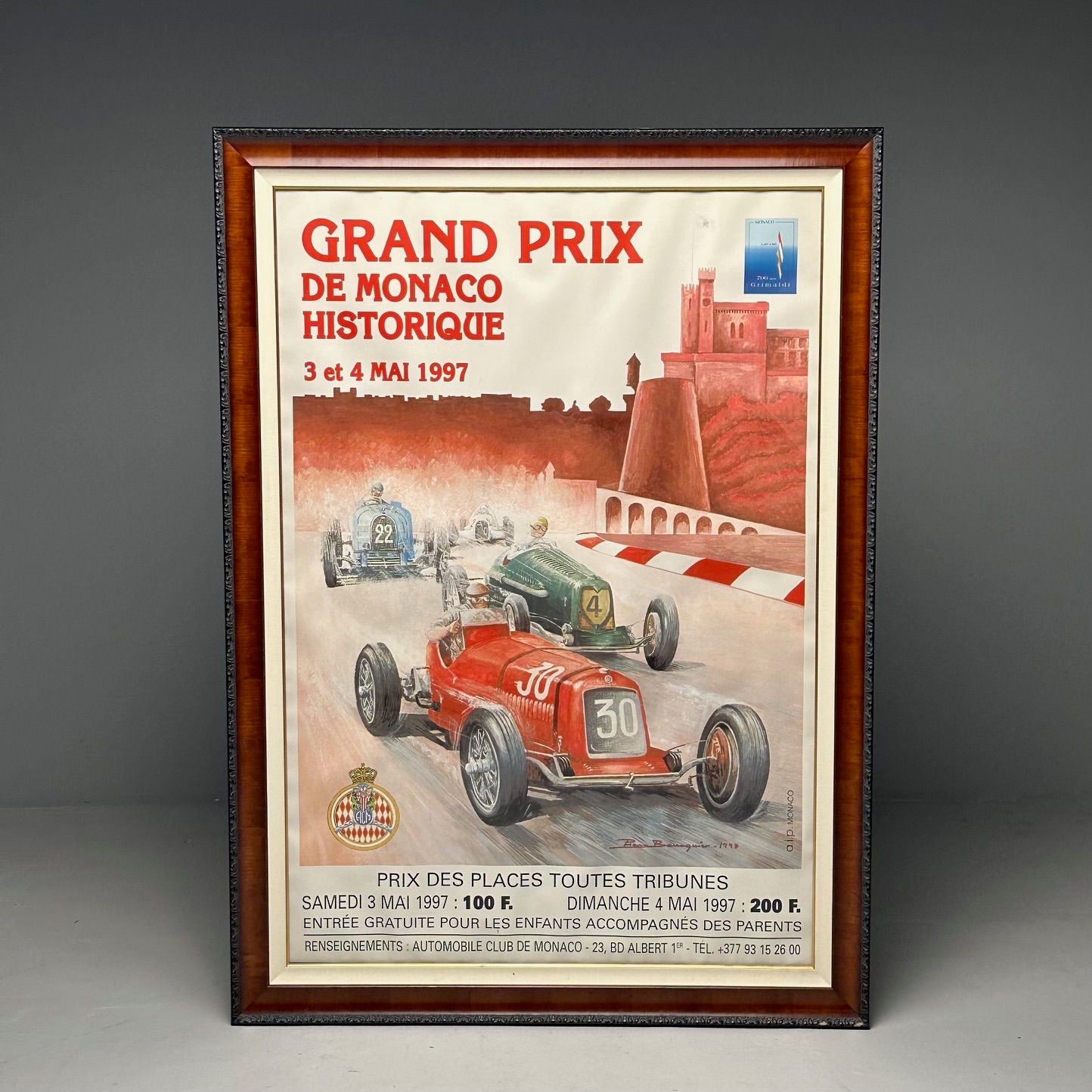 French Mid-Century Modern, Large Framed Racing Poster, Monaco Grand Prix, 1997