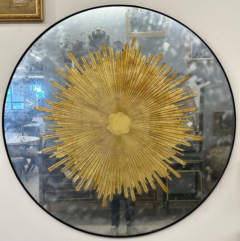 Hollywood Regency Style, Modern Round Sunburst Mirrors, Distressed Glass, 21st c.