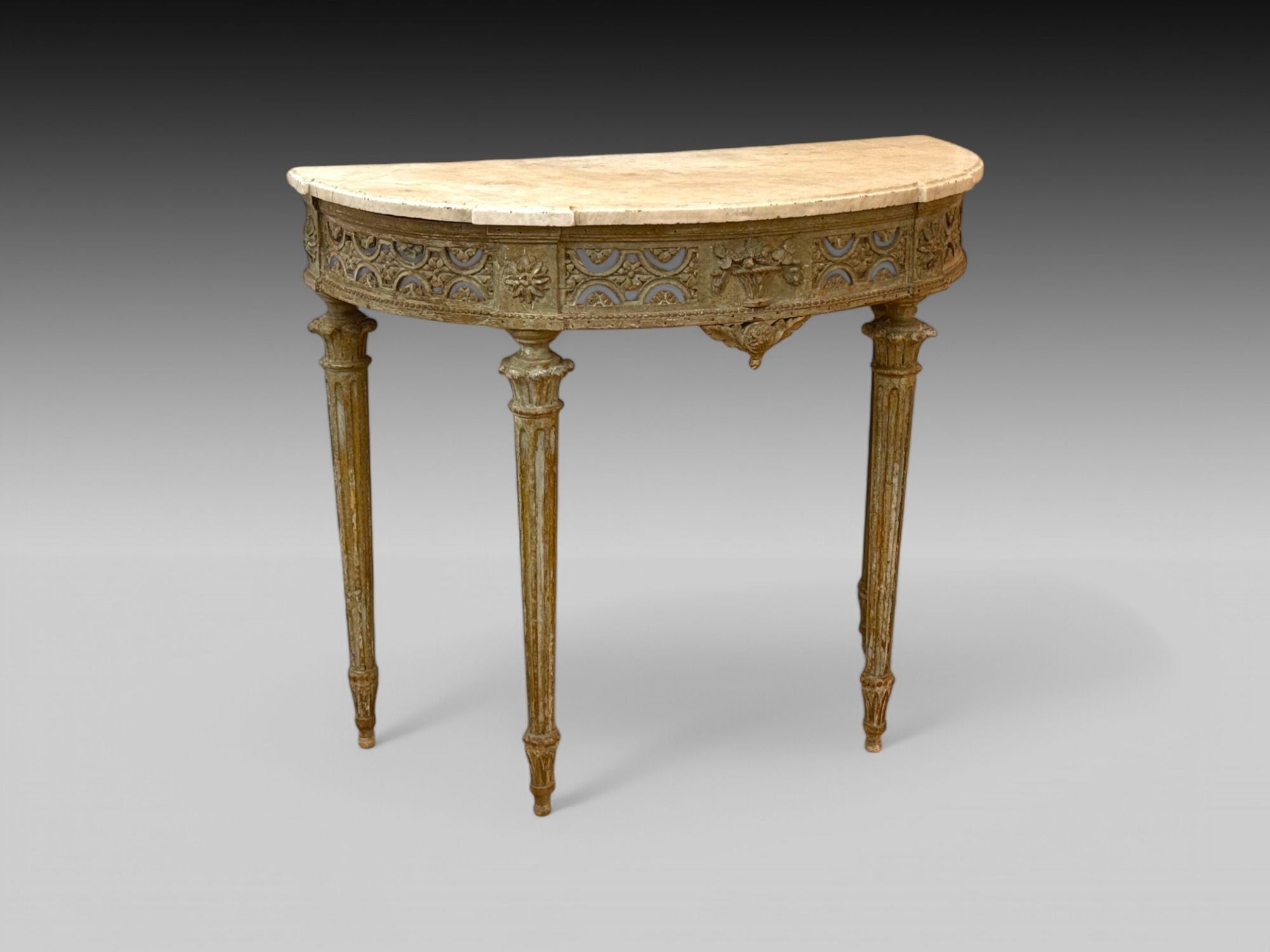 Gustavian, Louis XI, Painted Wood, Marble, Demilune Console Table, France, 1780