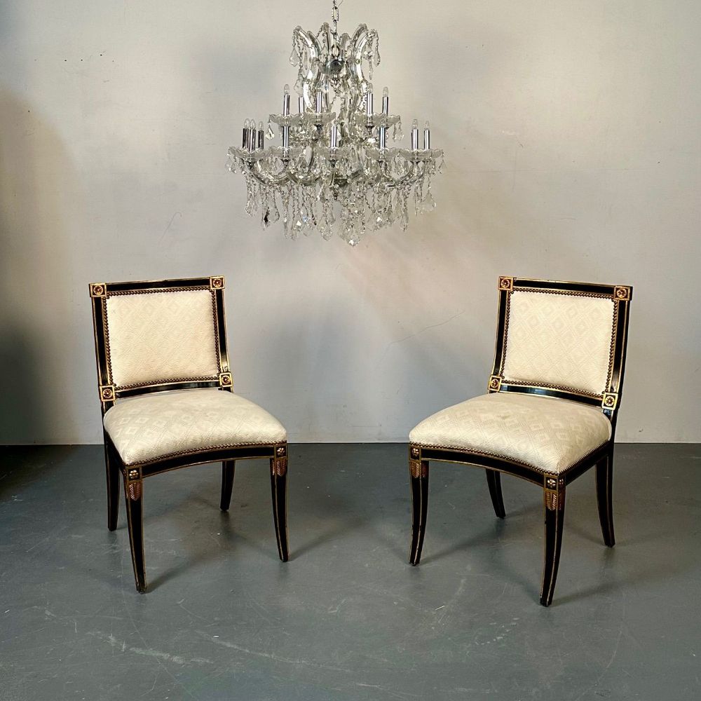 Pair of Louis XVI Maison Jansen Style Dining / Side Chairs, Ebony and Giltwood