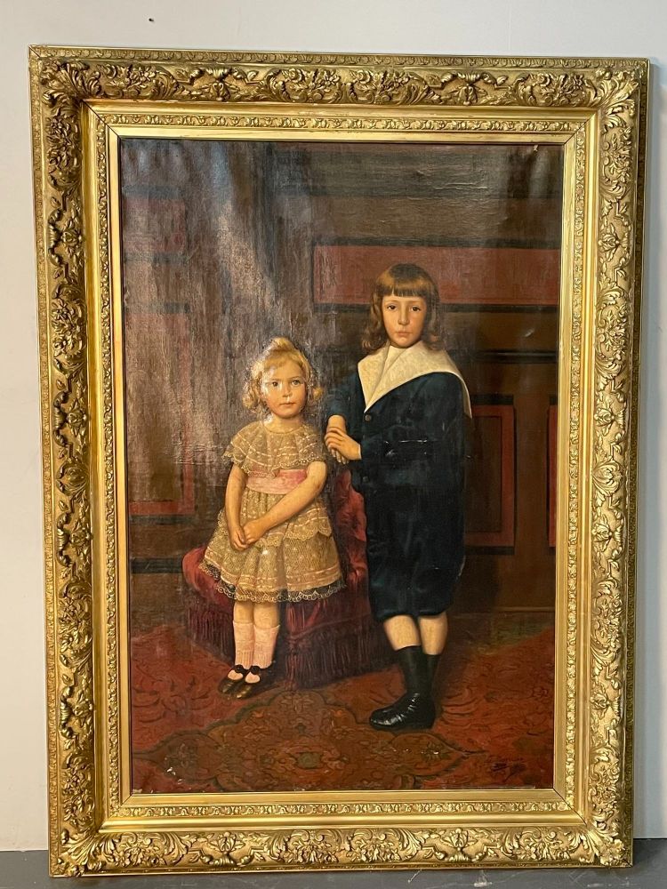 Palatial 19th Centur Oil on Canvas of a Portrait of Siblings Signed J. Peellaert