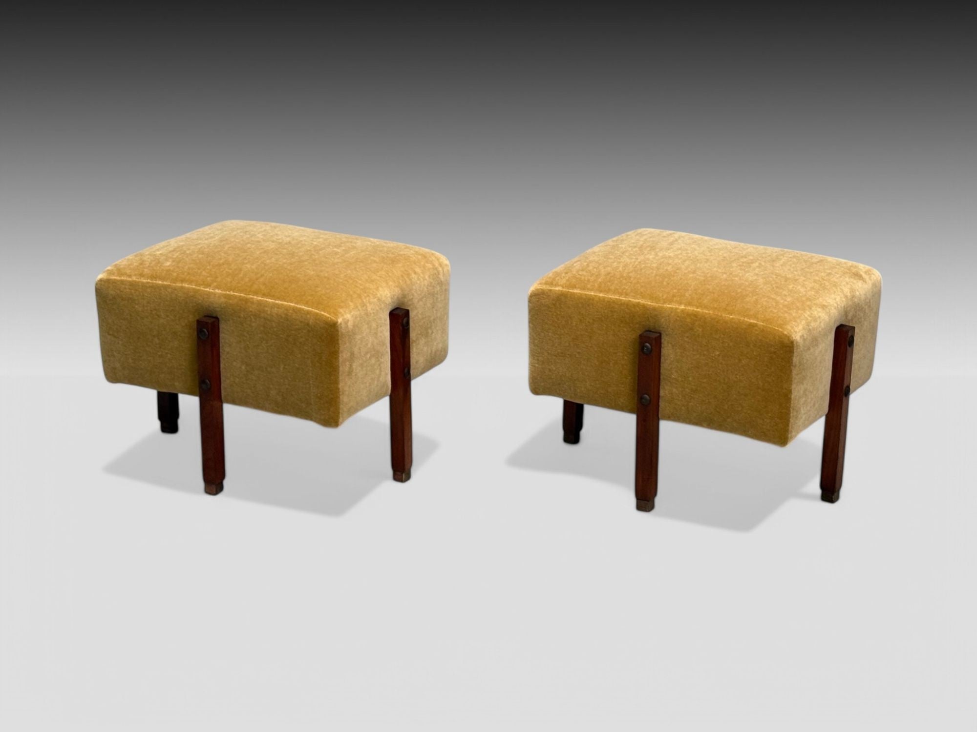 Italian Mid-Century Modern, Stained Wood, Camel Mohair, Ottomans, Italy, 1960s