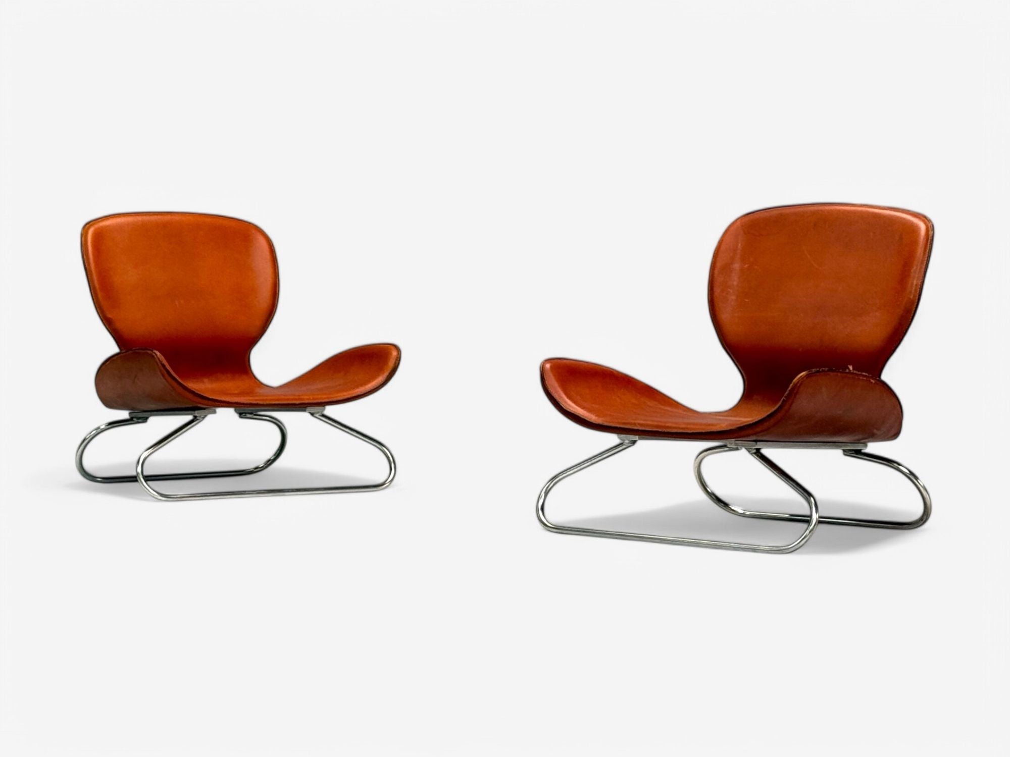 KOI, Modern, Cognac Leather, Nickel, K-3 Low Lounge Chairs, England, 2000s