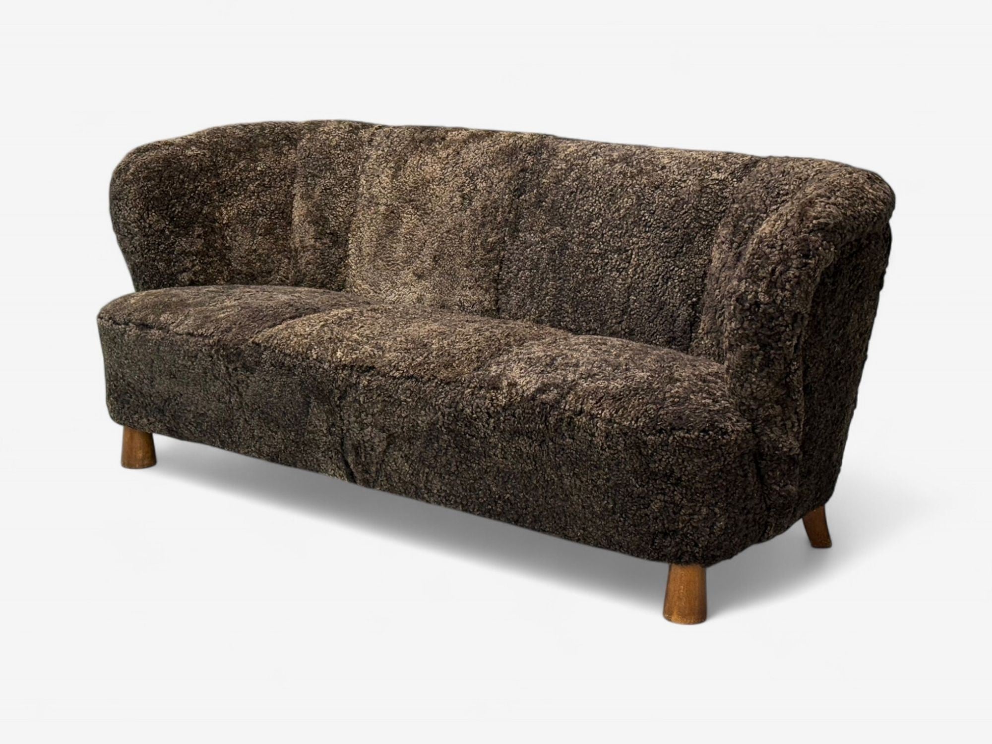Danish Mid-Century Modern, Beech, Brown Sheepskin, Sofa, Denmark, 1930s