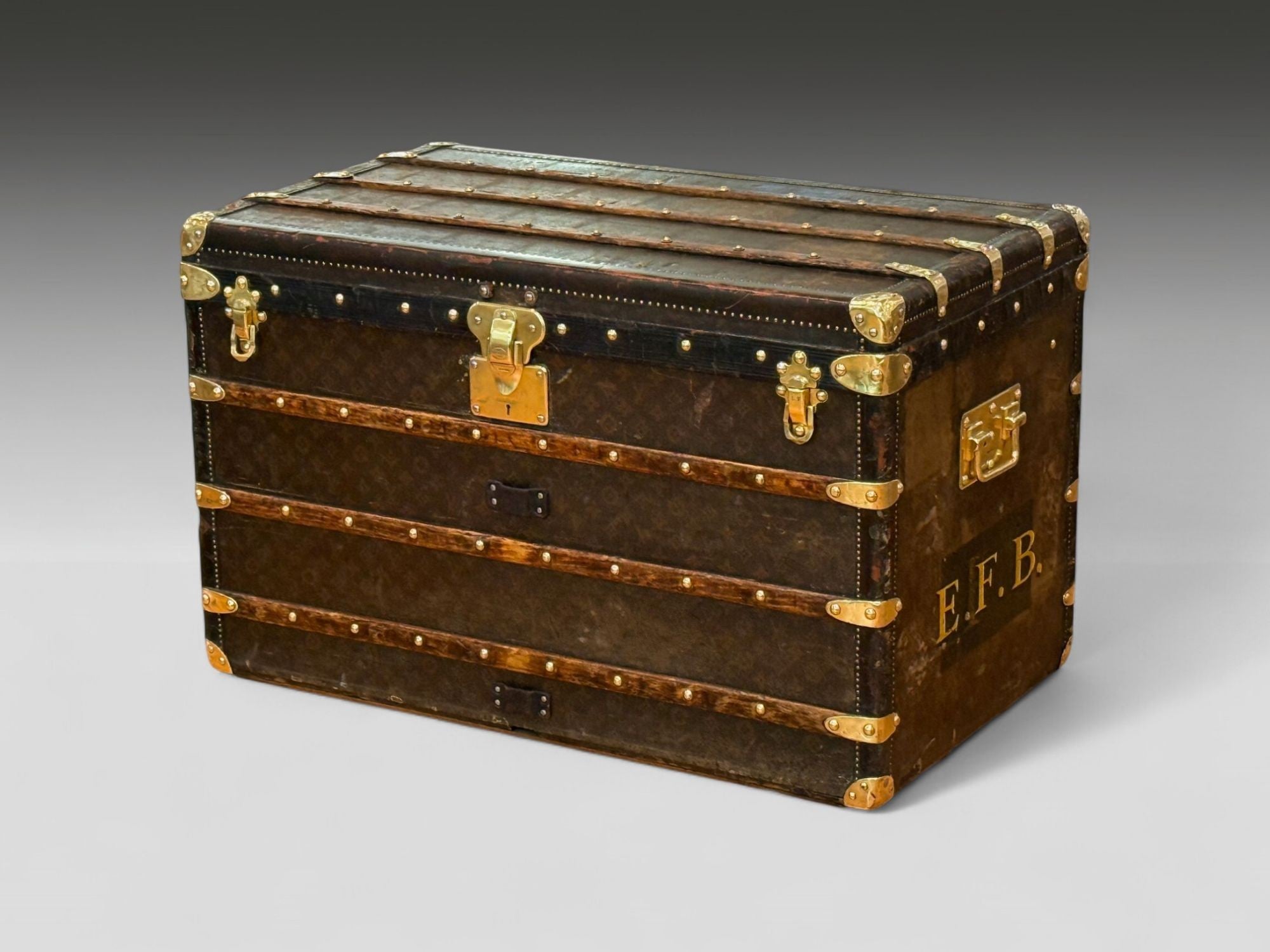 Louis Vuitton, Brown Leather, Monogram Canvas, Vintage Steamer Trunk, France