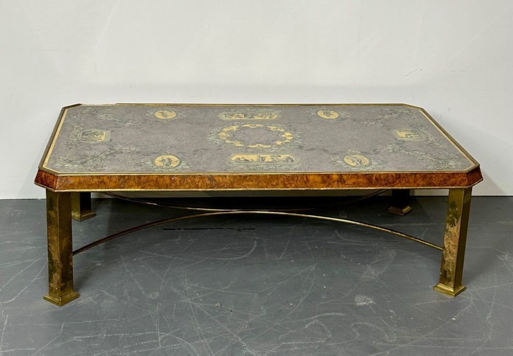 Piero Fornasetti Style Italian Coffee, Cocktail Table, Bronze, Burlwood, 1940s
