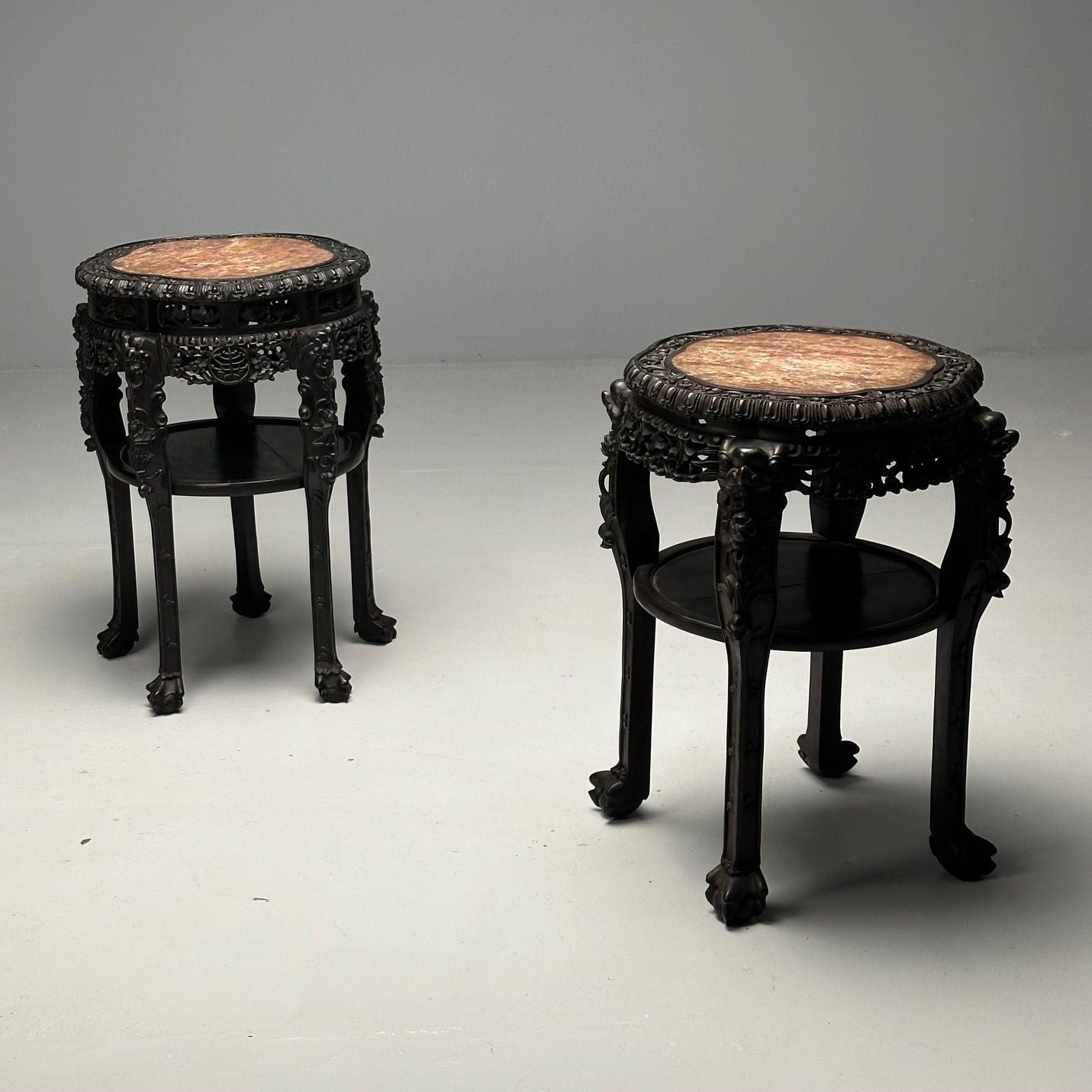 Chinese Heavily Carved, Occasional Tables or Pedestals, Teak, Marble, 1920s