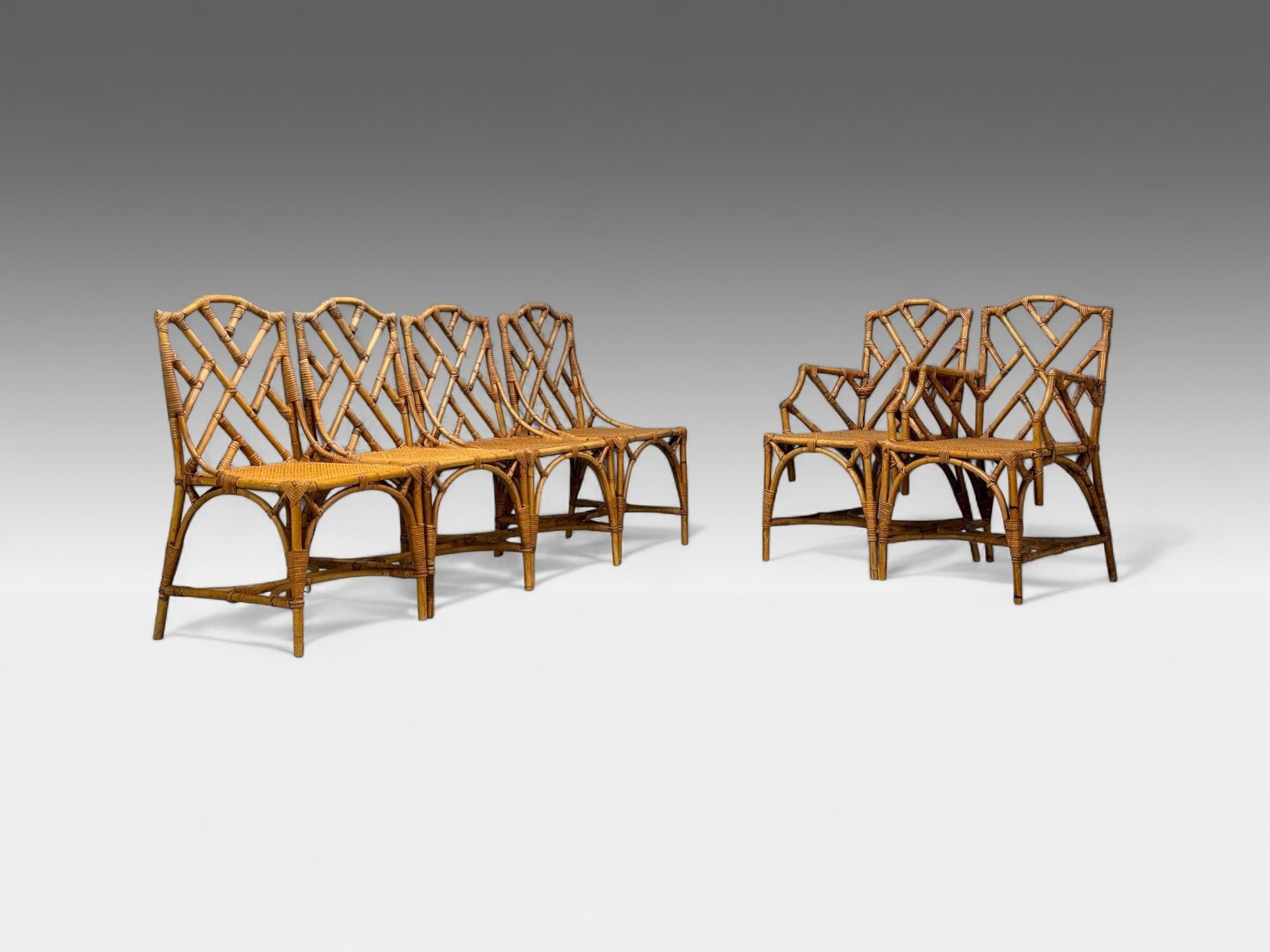 Dal Vera, Italian Modern, Bamboo, Cane, Six Dining Chairs, Italy, 1950s