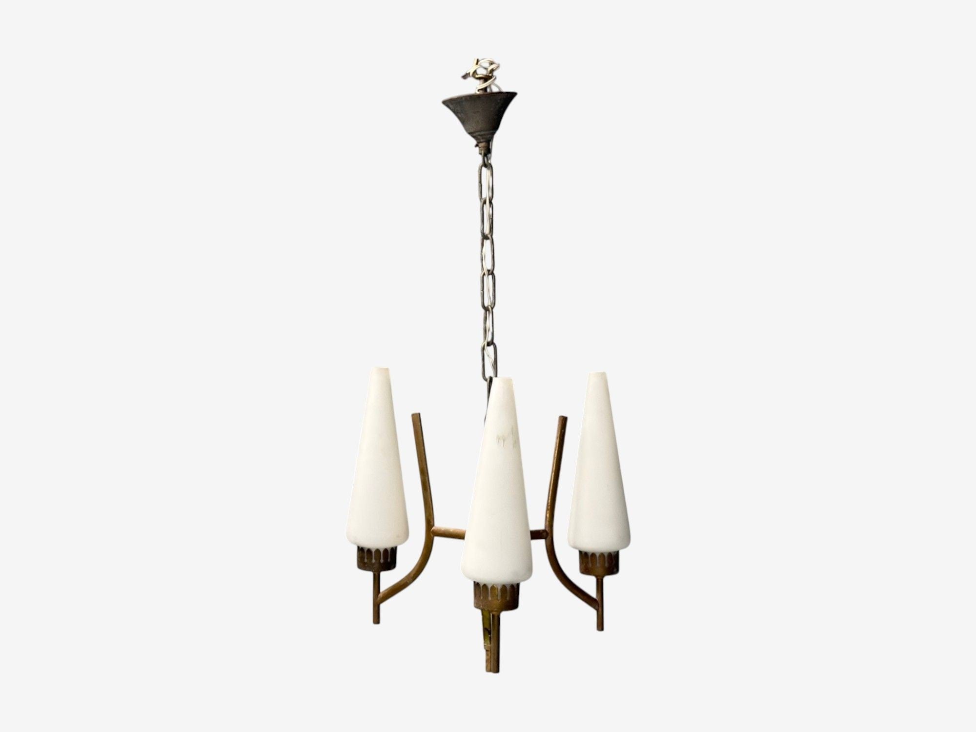 Angelo Lelli, Italian Modern, Brass, Opal Glass, Pendant light, Italy, 1950s