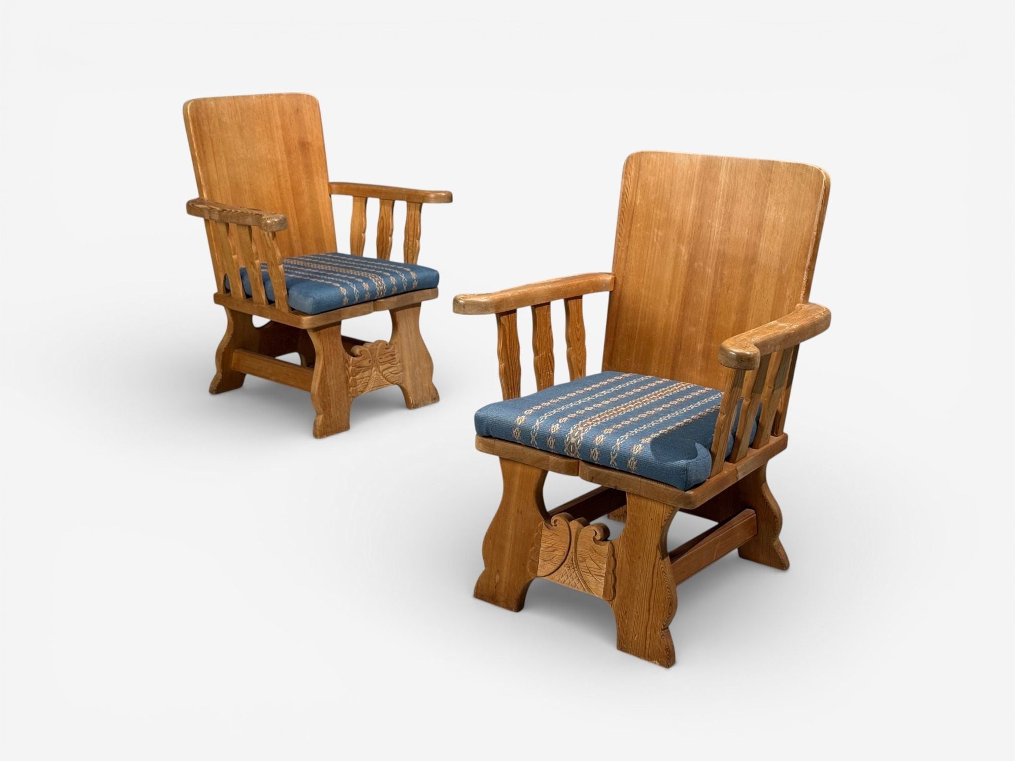 Krogenæs Møbler, Armchairs, Pine, Blue Fabric, Norway, 1970s