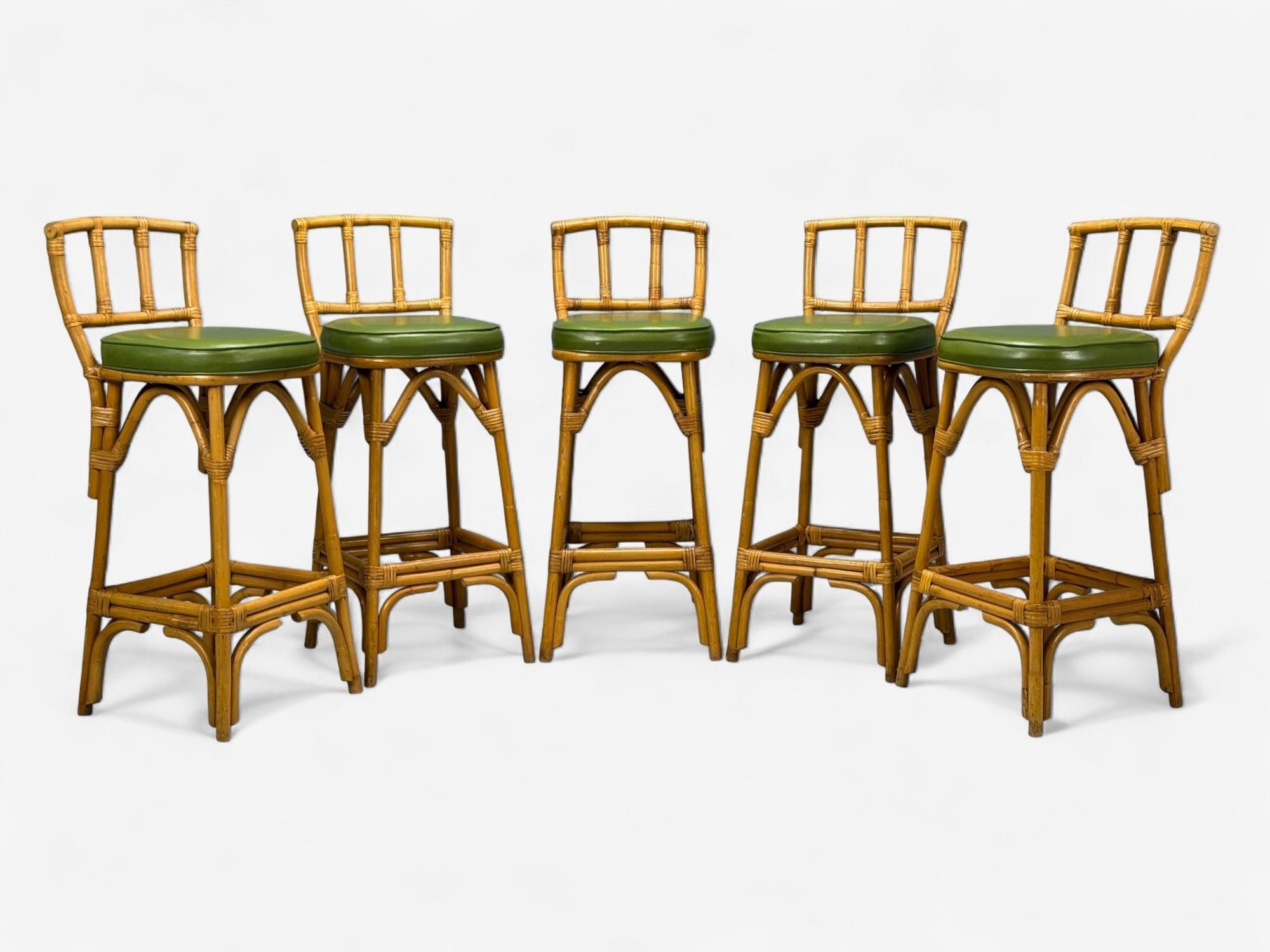 Dutch Modern, Bamboo, Green Leather, Five Barstools, Netherlands, 1970s