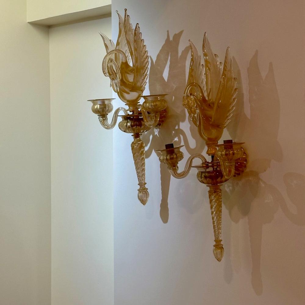 Archimede Seguso, Barovier & Toso, Italian Mid-Century Modern, Swan Sconces
