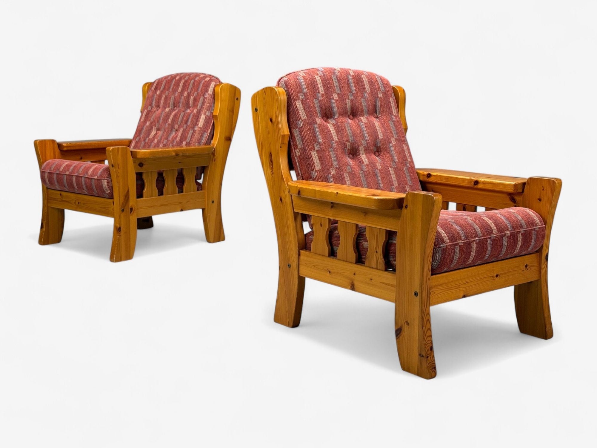 Swedish Modern, Pine, Red Fabric, Brutalist Lounge Chairs, Sweden, 1950s