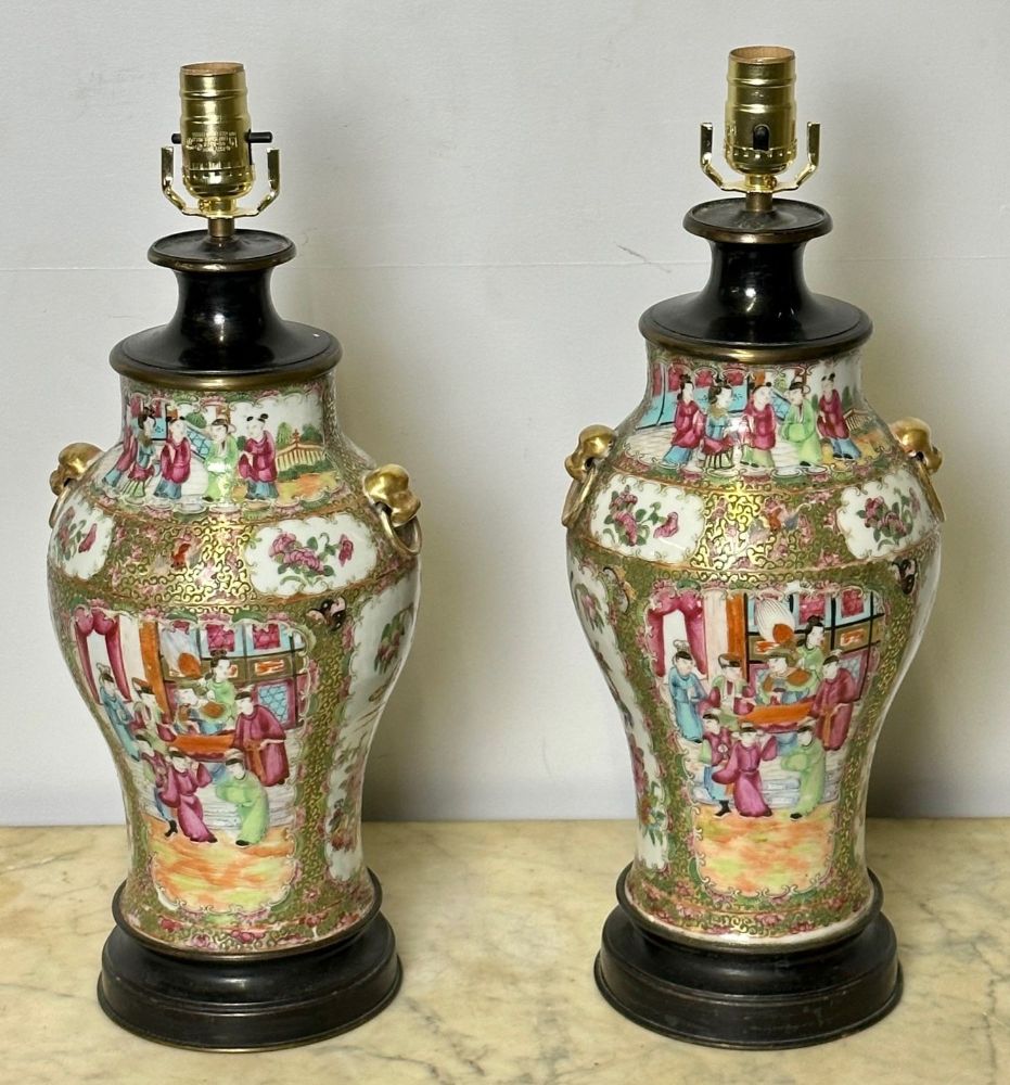 Pair of Ceramic Oriental Table Lamps, Decoration, Bronze, 19th C.