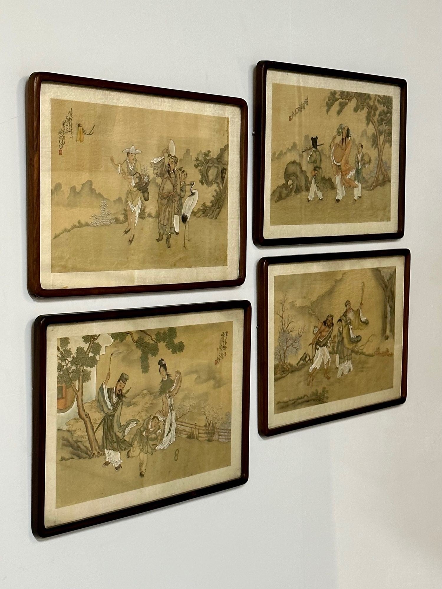 Set of Four Chinese Paintings in Rosewood Frames, Signed, 19th Century