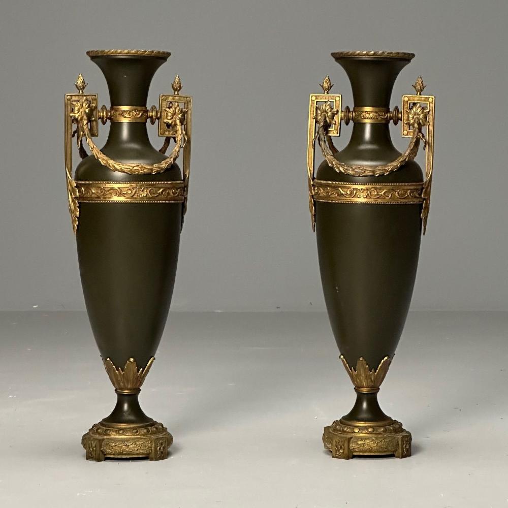 Neoclassical, Pair of Large Urns, Gilt Bronze, Green Painted Metal, 1970s
