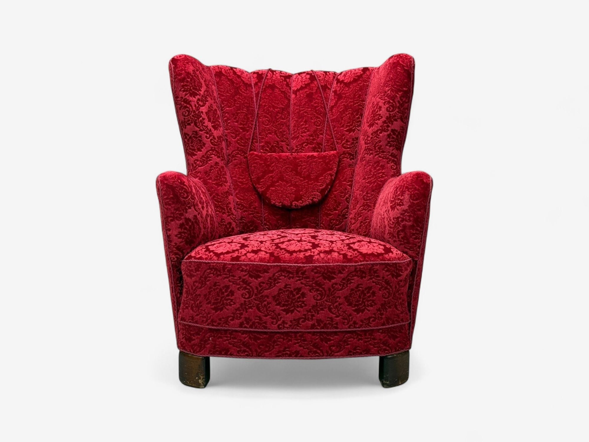 Danish Cabinetmaker, Red Damask, Wood, Lounge Chair, Denmark, 1950s